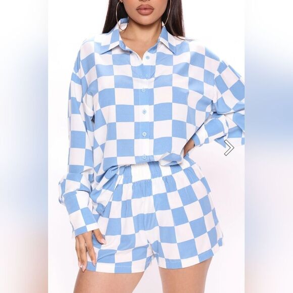 Fashion Nova Woman's Out & About Blue Checkered Board Flannel Short Set Size Med - Picture 9 of 11